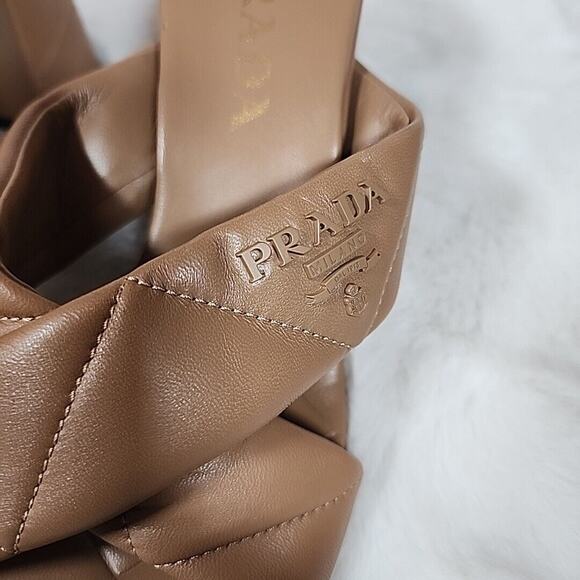 Prada - Cross Strap Leather Backless Sandal Slide Heel Pump Brown Size 7.5 - Picture 7 of 12